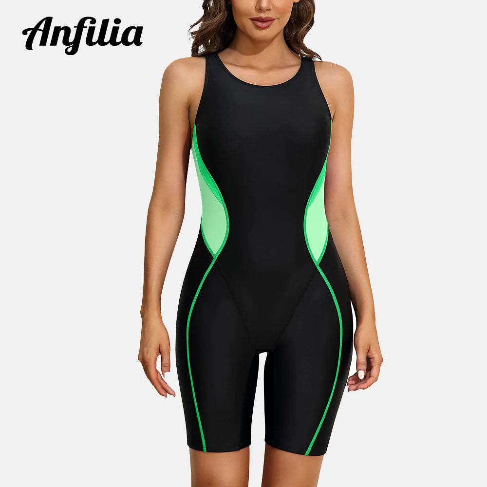 Anfilia Women One-Piece Sports Swimsuit Color Block Racerback Professional Training Boyleg U Neck Swimwear - Kimlud