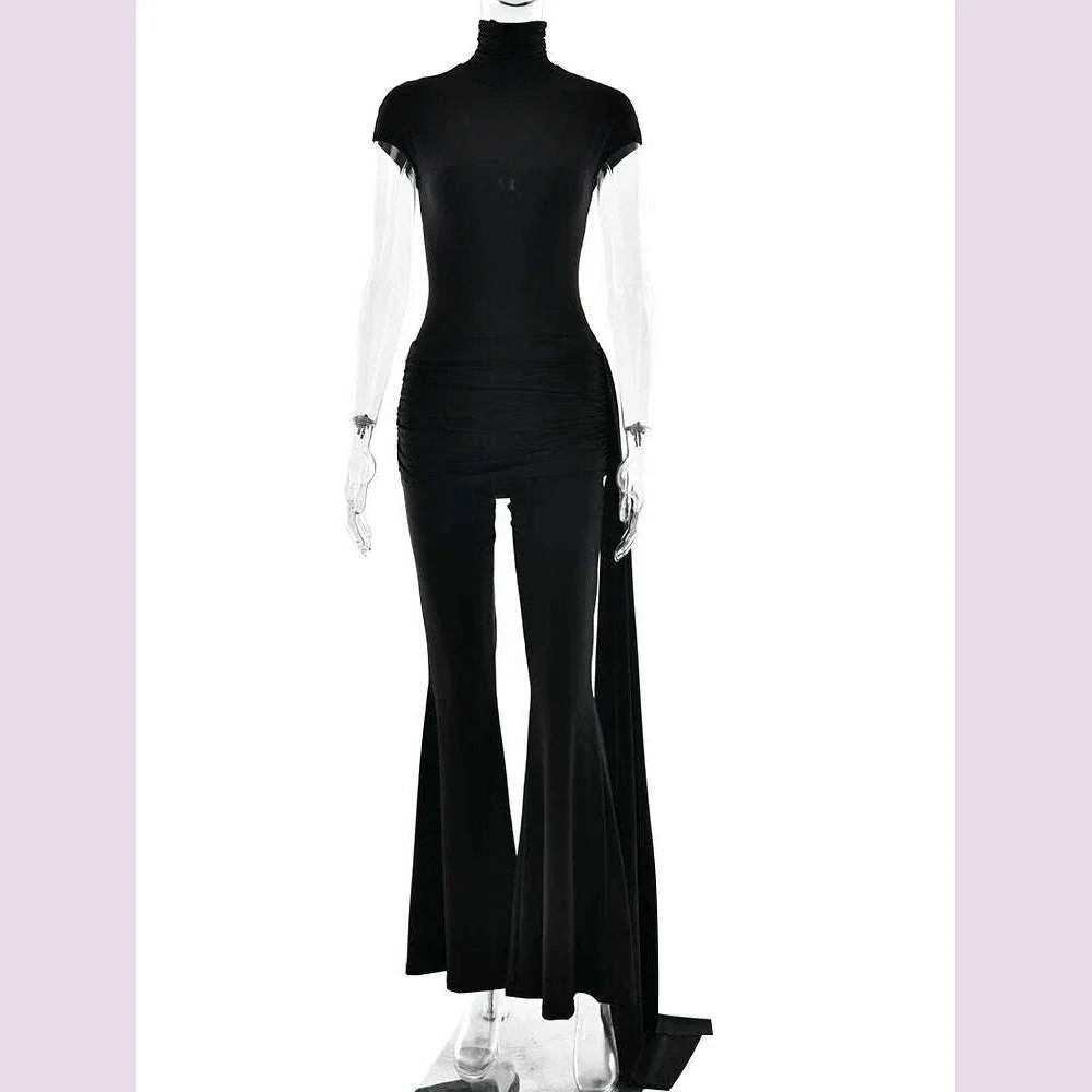 Fantoye Turtleneck Short Sleeve Ribbon Women Jumpsuit Blue Round Neck Ruched Jumpsuit Femme Spring Slim Elegant Party Streetwear