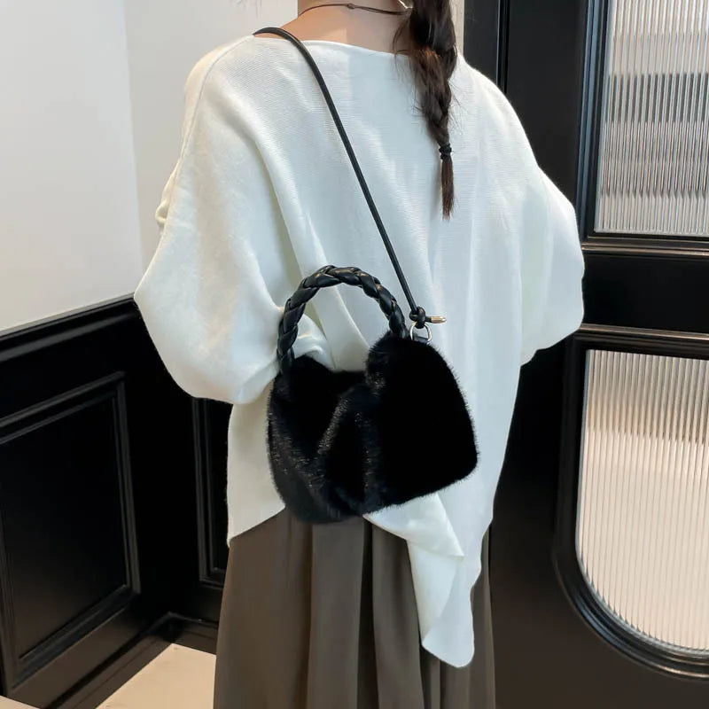Fluffy Texture Vwrastile Crossbody Bag Women Winter Fashion Furry Bucket Bag with Braided Leisure Handle Shoulder Storage Bags