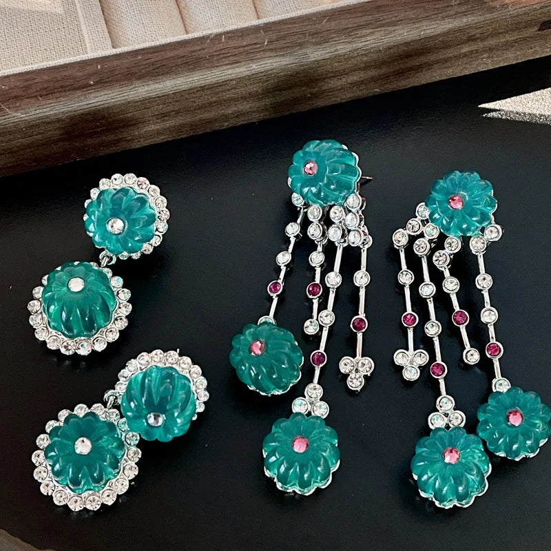 Vintage Blue Glass Pumpkin Bead Tassel Earrings for Women Party Jewelry