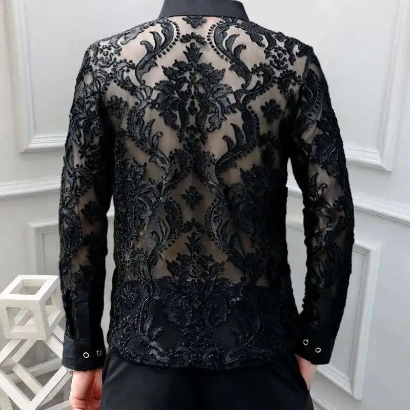 3 Colours Soft Velvet Slim-fit Men Clothing Nightclub long sleeved Sexy Polo See Through High Quality Transparent Floral Polo - Kimlud