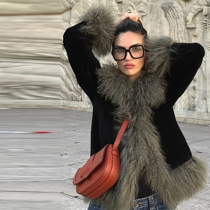 Vintage Patchwork Women's Faux Fur Trim Coat Urban Lapel Full Sleeve Female Jacket Female 2026 Spring Winter Lady Streetwear New