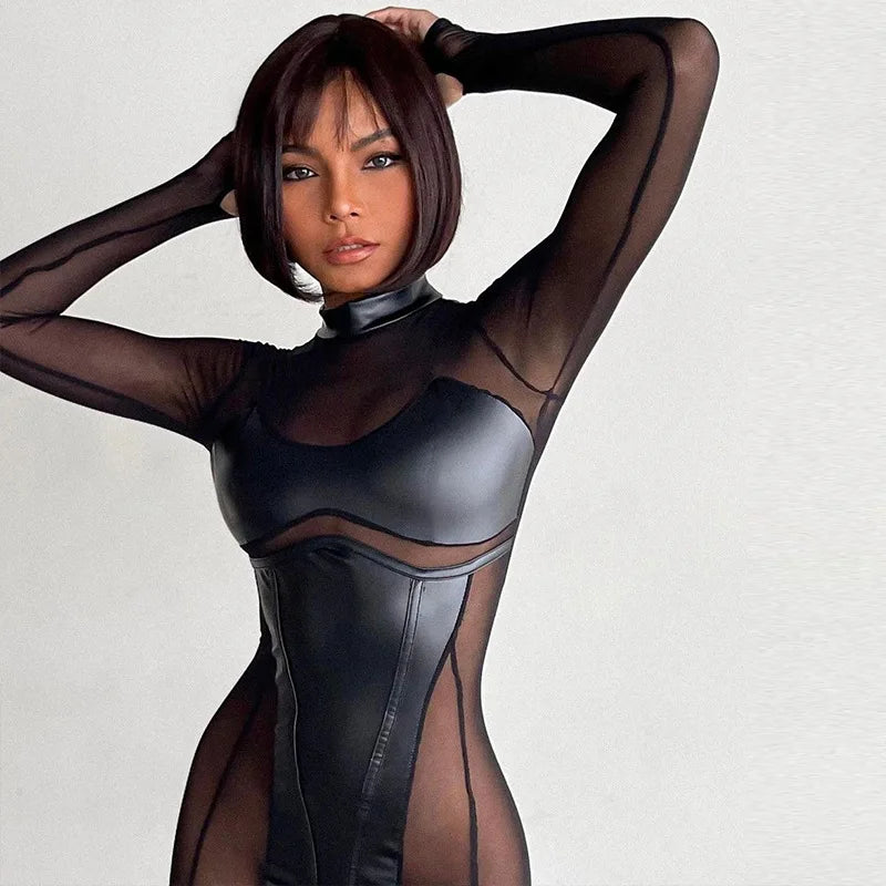 Cat Woman Agents Combat Uniform Black Punk Tight Jumpsuit Cosplay Movie Game Virtual World Alien Robot Mesh Hollow Bodysuit New