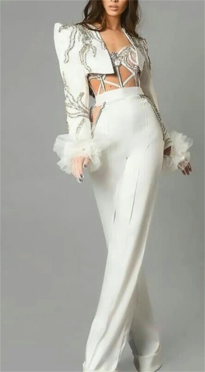 Crystals White Women Suit Set 2 Pcs Sexy Short Blazer+Pants Trousers Formal Puffy Sleeves Jacket Customized Wedding Prom Coat