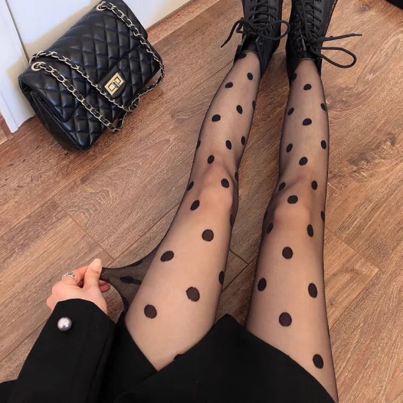 Polka Dot Print Stocking Women Sexy Tights Fishnet Mesh Seamless Pantyhose Nylon Black White Nightclub Female Ladies Silk Tights