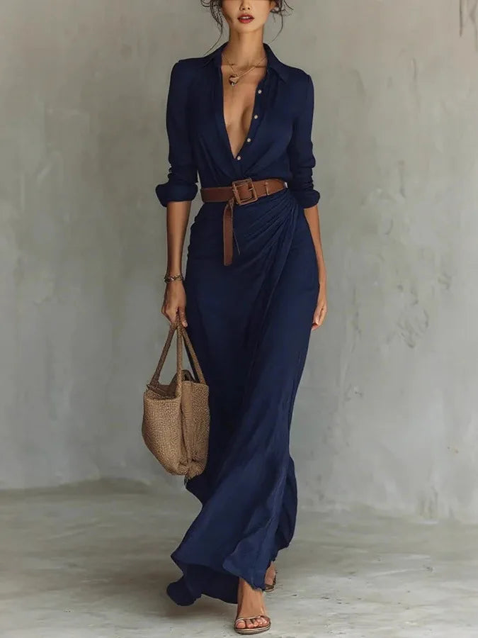 New Autumn Fashion Sexy Long Sleeve V-neck Single Breasted Pleated Solid Color Loose Fit Ankle Length Dress With Belt,4 Colors