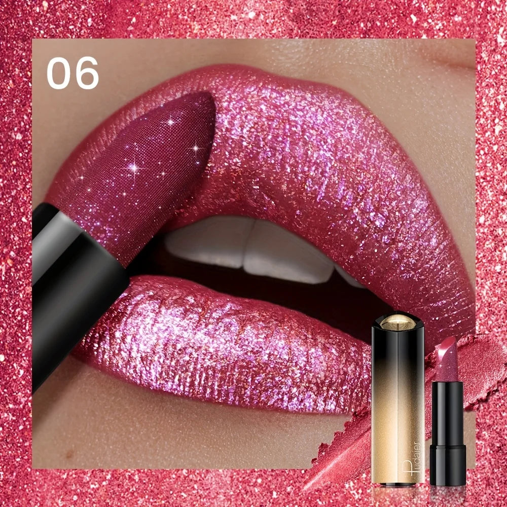 Metallic Shimmer Lipstick, Pearly Glitter Shine, Creamy Texture, High Color Payoff, Smooth Apply, Party Makeup