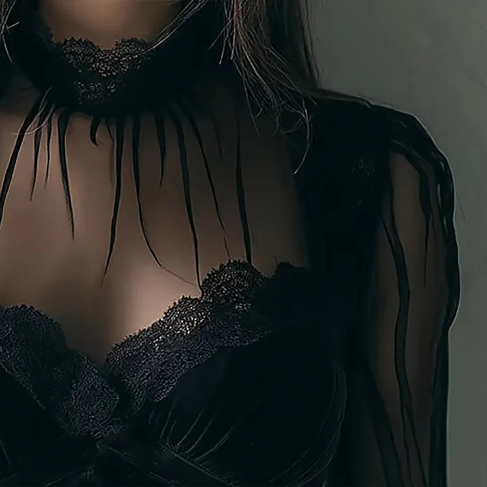 Vintage Elegant Mesh Women Blouse Black Mesh Sheer Slim High Neck Lace Gothic Punk Corset Top Long Sleeve Velvet Fashion Blouses