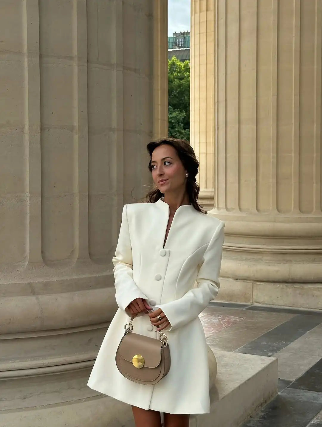 White Single Breasted A-line Mini Dress Women Elegant Solid Color Waist Pleated Short Dresses Daily Chic Evening Dinner Gowns