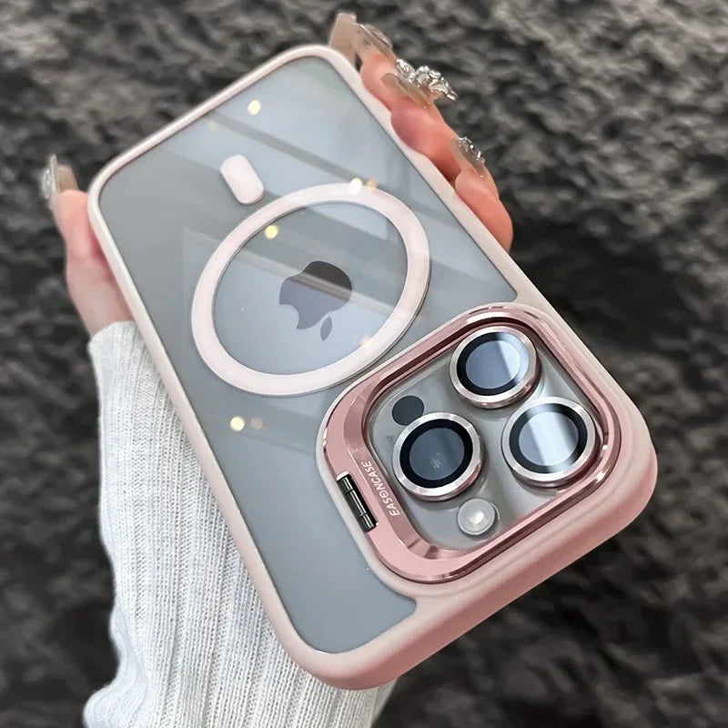 Luxury Magnetic Shockproof Phone Case For iPhone 15 14 13 12 11 16 17 Pro Max Plus 16E Funda Stand Glass Lens Protection Cover