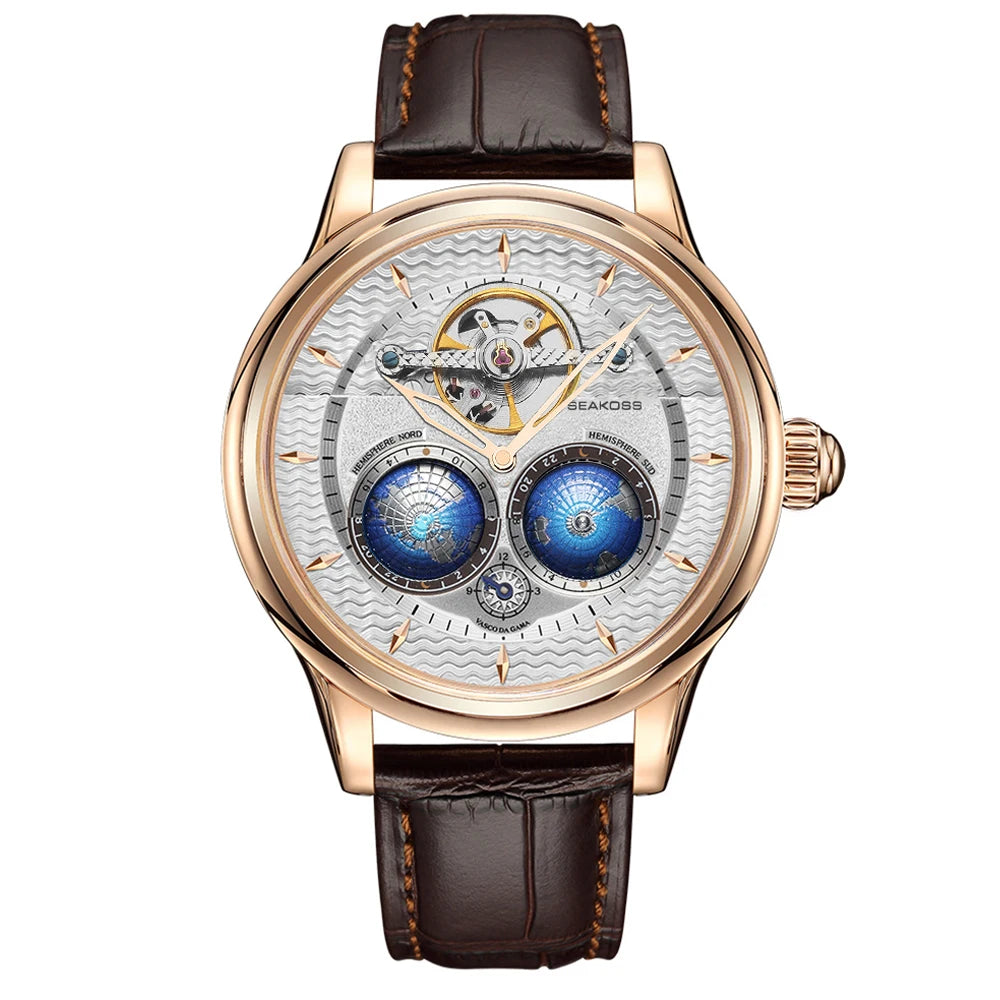 SEAKOSS Male Dual Earth Rotating Mechanical Men's Watch Automatic Movement Waterproof Clock Pilots 1963 Flywheel Wristwatches