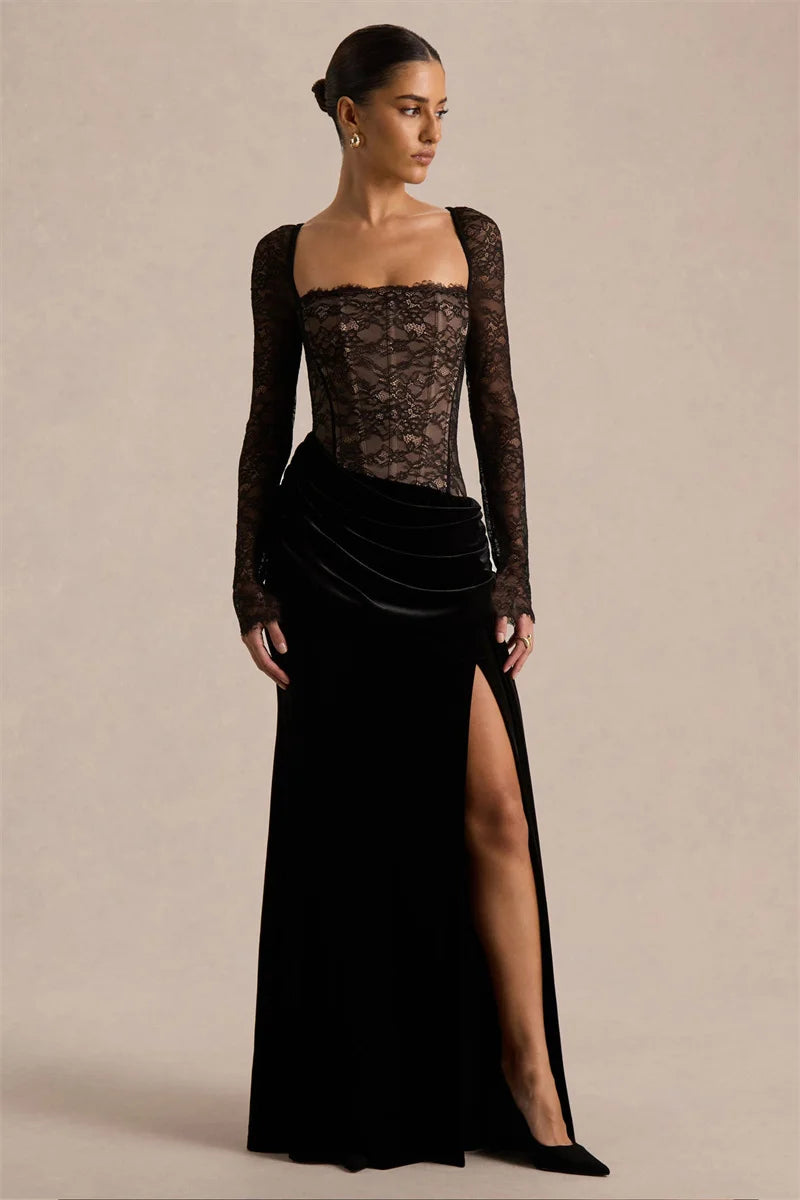 Mozision Lace Velvet Square-Neck Sexy Maxi Dress Women Elegant See Through Long Sleeve Backless Split Club Party Long...