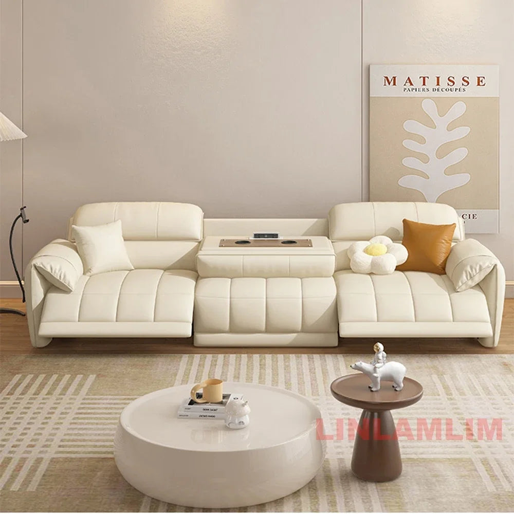 Modern Electric Reclining Sofa with Adjustable Footrest, USB, and Foldable Center Console – Italian Genuine Leather Power Sofa