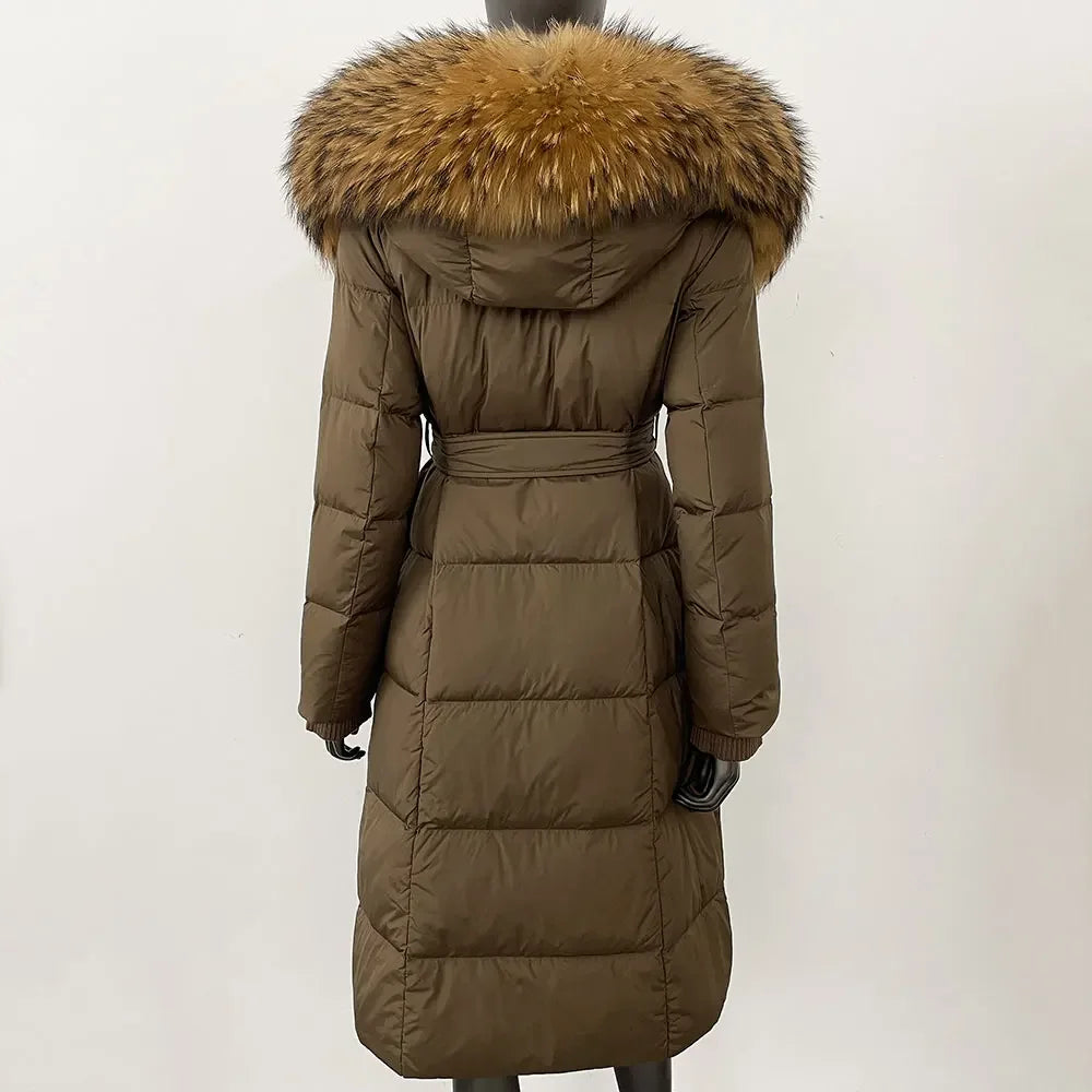 CXFS New Real Raccoon Fox Fur Collar Hooded Natural Long Winter Jacket Women 90 White Duck Down Coat Thick Warm Casual Outerwear