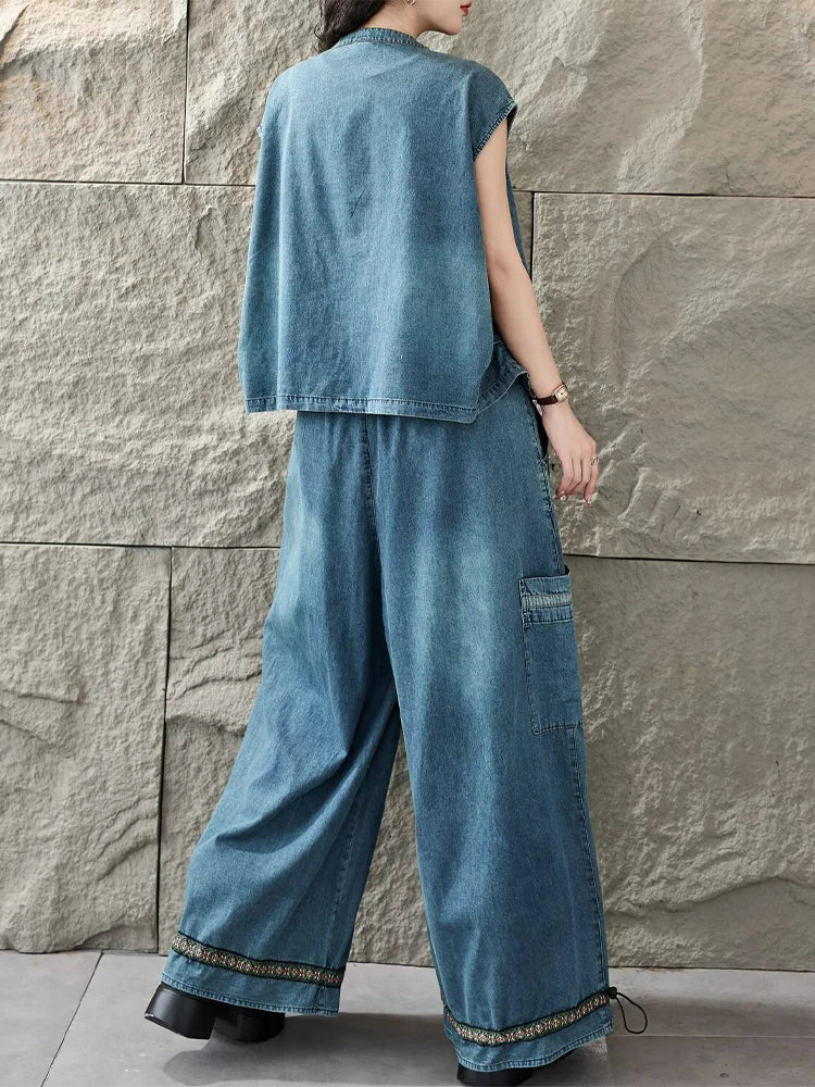 Amax LuluE Korean Summer Women Vintage 2 Pieces Sets Denim Suits Soild O Neck T-Shirts Fashion Jeans Causal Pants Loose Outfits - Kimlud