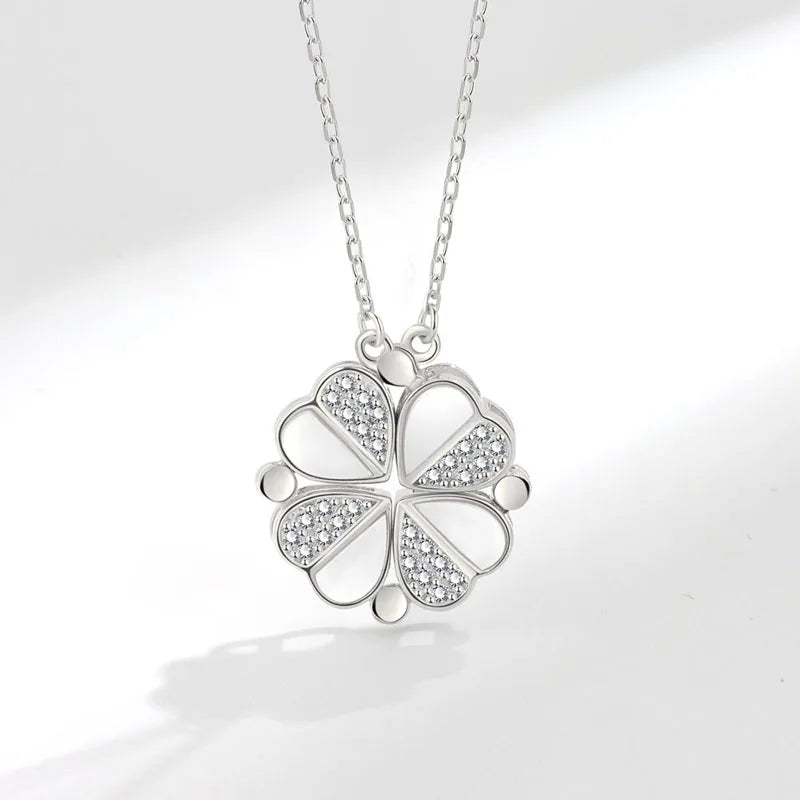 KOFSAC Luxurious Two In One Love Heart Four Leaf Clover Necklace 925 Silver Jewelry Zircon Lucky Grass Fashion Women Girl Gifts