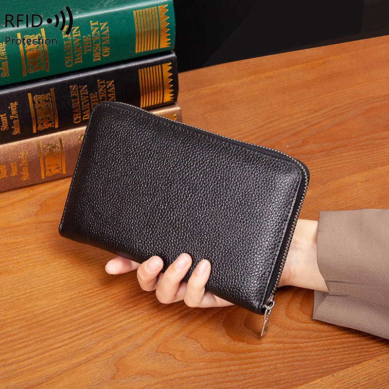 RFID Anti-Theft Cowhide Leather Wallet, Brush Head Layer, Long Passbook Passbook Passbook, Large Capacity Clutch Bag |...