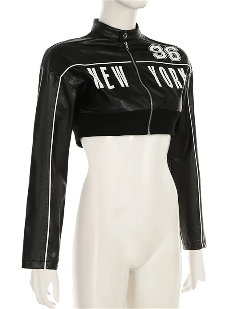 Weird Puss PU Patchwork Women Jacket Letter Print Hipster Button Zip Full Sleeve Trend Cool Street Spring Outwear Crop Coat