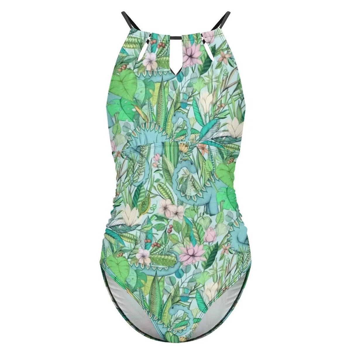 Botanical With Dinosaurs Swimsuit Dinosaur Quirky Soft Pastels Floral Swimwear Holiday Swimsuits Halter Bathing Suit |...