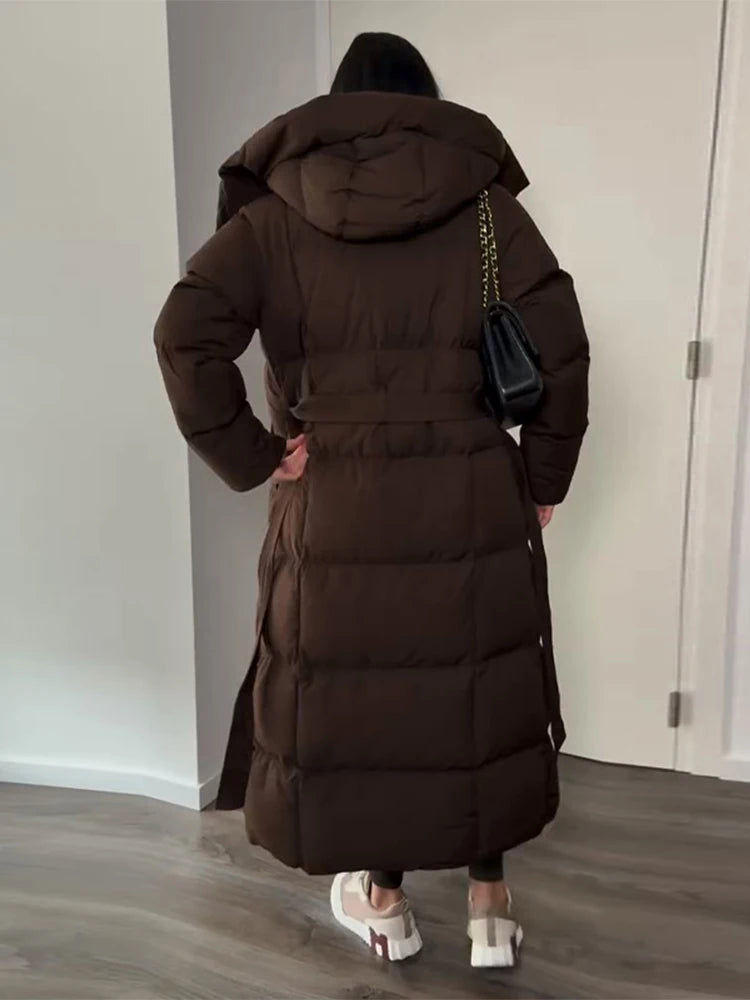 Hooded Lace up Long Jacket Woman Solid Color Zipper Long Sleeve Loose Coats Versatile Warm Minimalist Women's New Winter Jackets