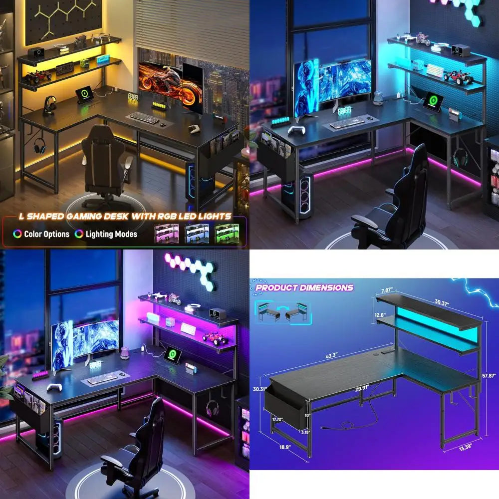LED-lit 43.3 L-Shaped Gaming Desk with Power Outlet, Storage, and Hook for Home or Office | Kimlud Luxury Home