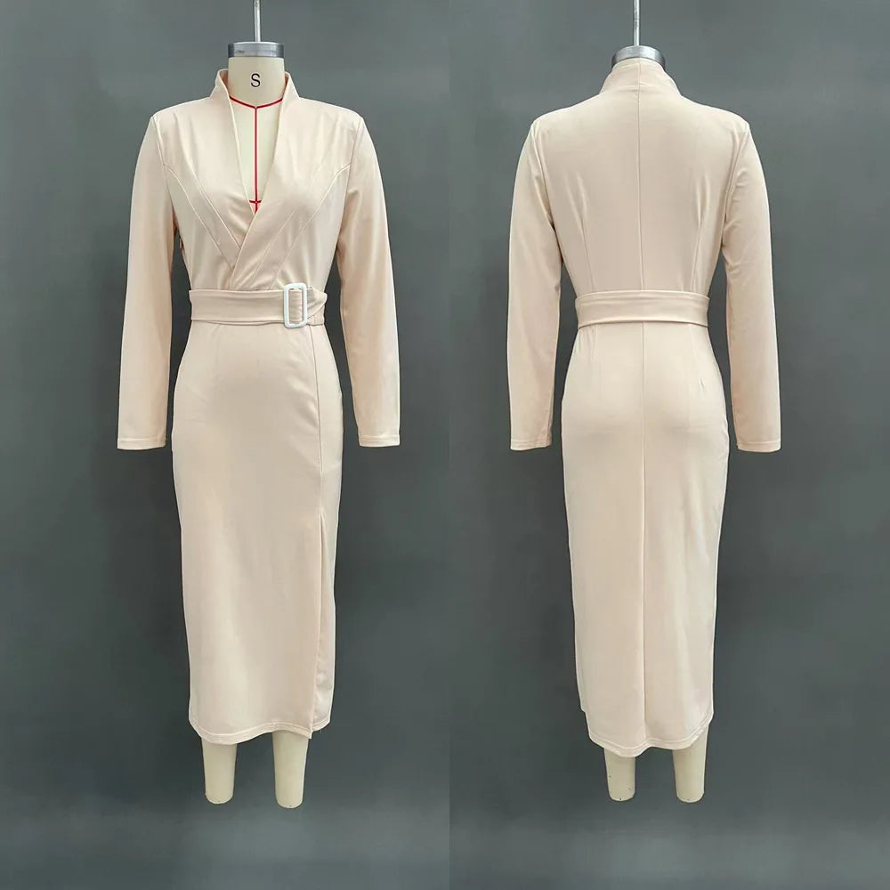 Elegant Solid Slim Belt V Neck Hip Dress Woman Autumn Winter Long Sleeve Split Office Dresses Sexy Boho High Waist...