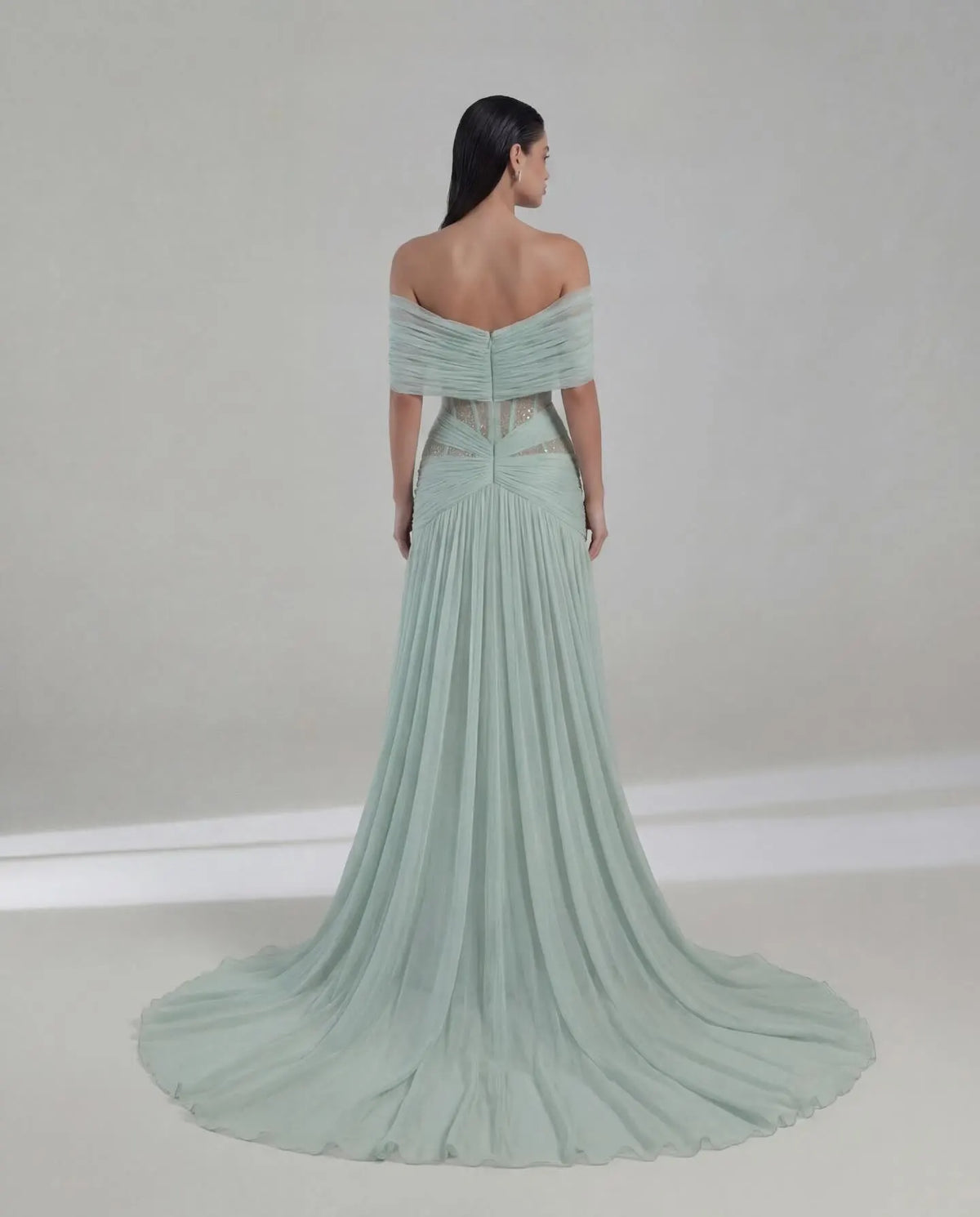 Ofherown Mint Green Pleated Evening Dress Off Shoulder Ruched Sequin Waist Sheer Mesh Formal Gown Wedding Guest Custom Made
