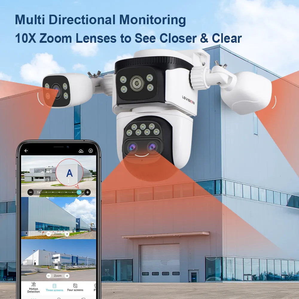 LS VISION 20MP WiFi Security Cameras 10X Zoom Three Screen Four Lens CCTV PTZ Auto Tracking Human Detection Surveillance Cameras