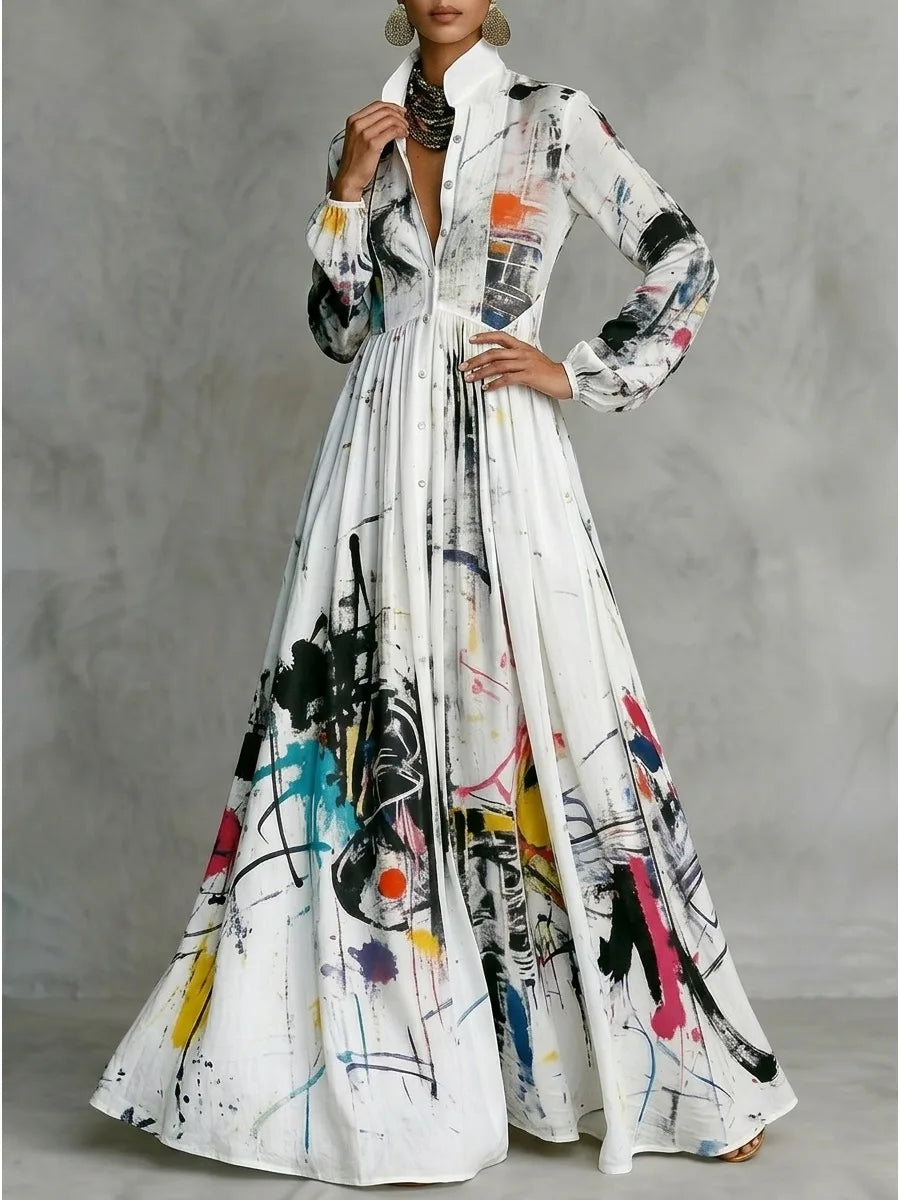 Freeacy Women Stand Collar Printed Shirt Maxi Dress Button Front Long Sleeve Pleated High Waist Flowy Floor Length...