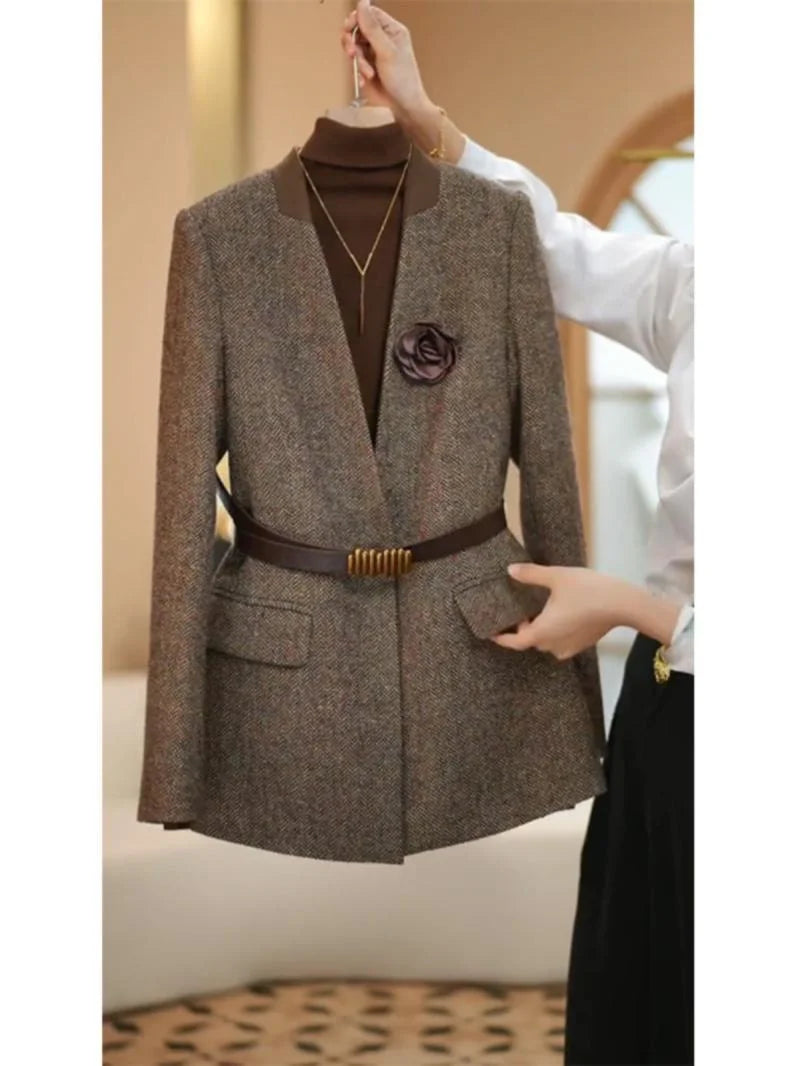 Plus Size 4XL High Quality Coffee colored Suit Jacket For Women Spring Outwear Fashion Simple Wool Coat Autumn Blazer With Belt