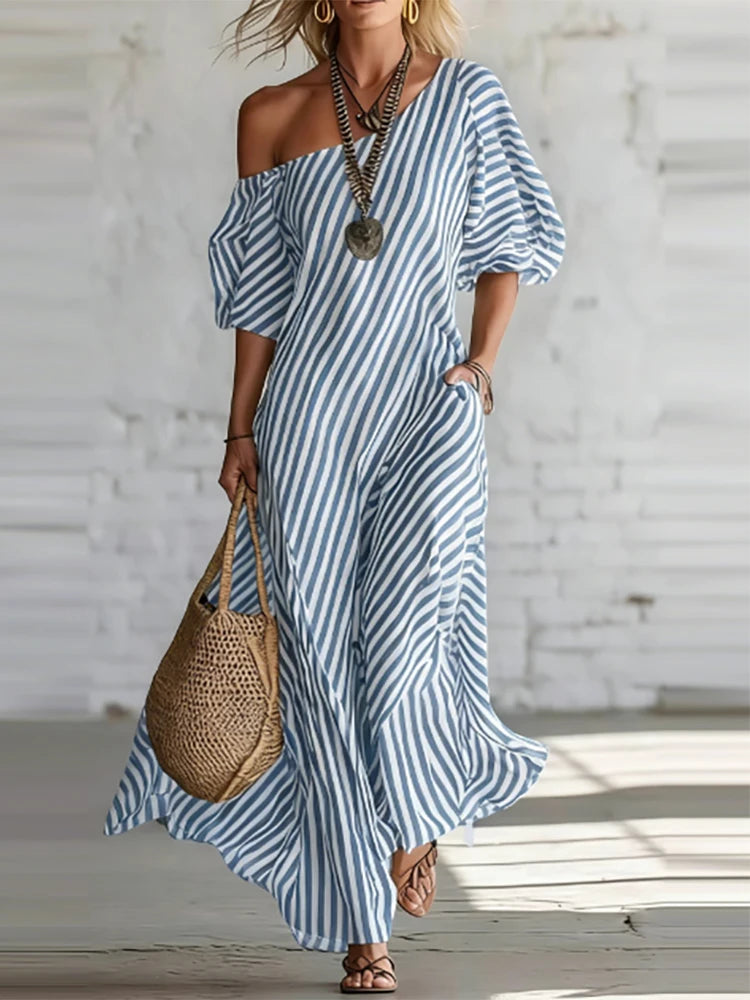 Comfortable daily single shoulder bubble sleeve dress with classic striped print 2026 summer new casual loose long dress