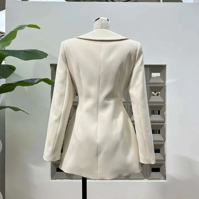 KBQ Solid Spliced Appliques Tunic Coats for Women Lapel Long Sleeve Patchwork Single Breasted Temperament Coat Female Fashion