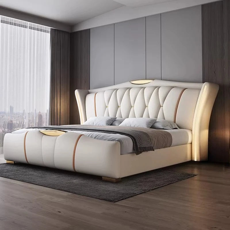 Home Leather bed with light modern minimalist lit 150x200 180x200 200x220 cm Double bed 2 people bedroom beds frames Furniture