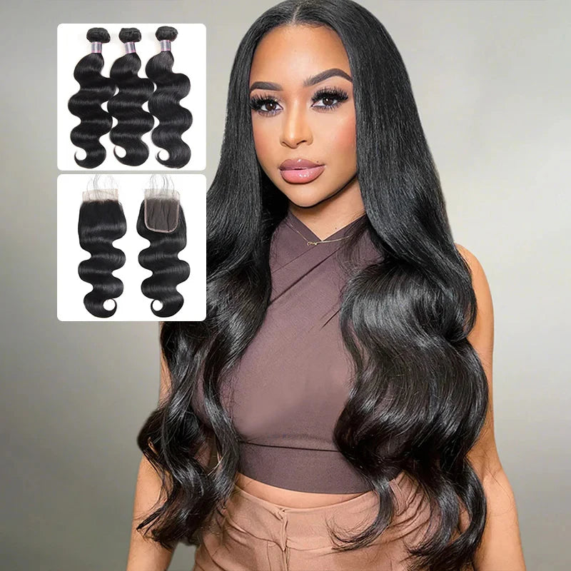 Raw Brazilian Body Wave Human Hair Bundles With Closure Remy Hair Weave Unprocessed Virgin Hair 3/4 Bundles WIth Closure...