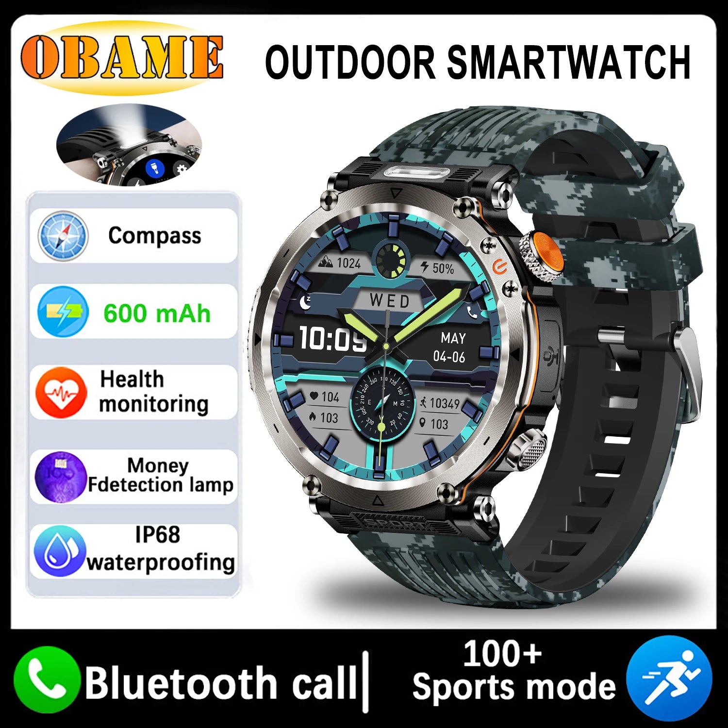 New 5ATM Outdoor Smart Watch Men 600mAh LED Flashlight SmartWatch Compass Bluetooth call Heart rate IP 68 Sports Smartwatch 2025