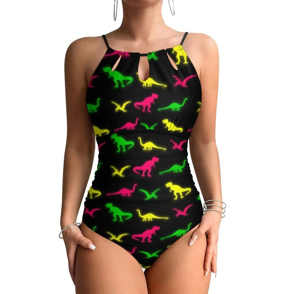 Botanical With Dinosaurs Swimsuit Dinosaur Quirky Soft Pastels Floral Swimwear Holiday Swimsuits Halter Bathing Suit |...