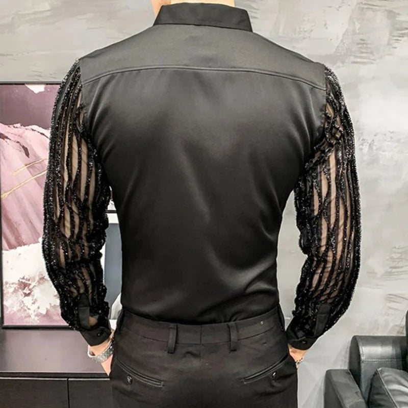 Spring Autumn Y2K Fashion Harajuku Shirt Men All Match Loose Casual Tops Patchwork Blusa Long Sleeve Button Lace Male Clothes - Kimlud