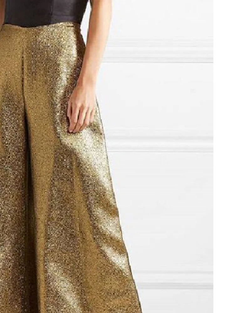 Women's Stylish Party Wear Pants Solid Gold High Waist A-line Wide Leg Pants Zippered Full-length Trousers Casual Pants