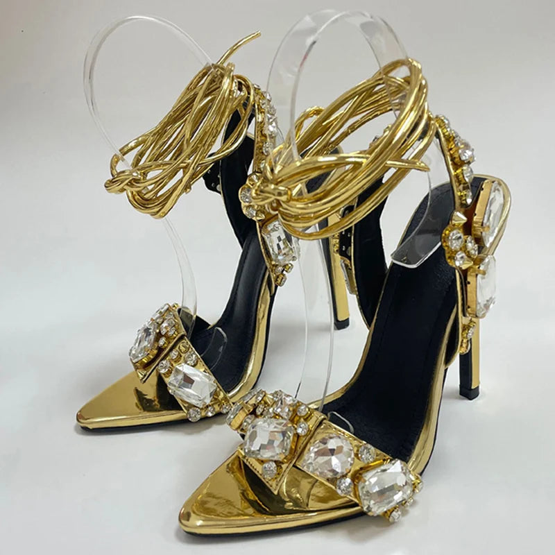 Liyke Sexy Ankle Strap Golded Sandals Women Party Nightclub Stripper Heels High Quality Crystal Diamond Pointed Toe Wedding Shoe - Kimlud