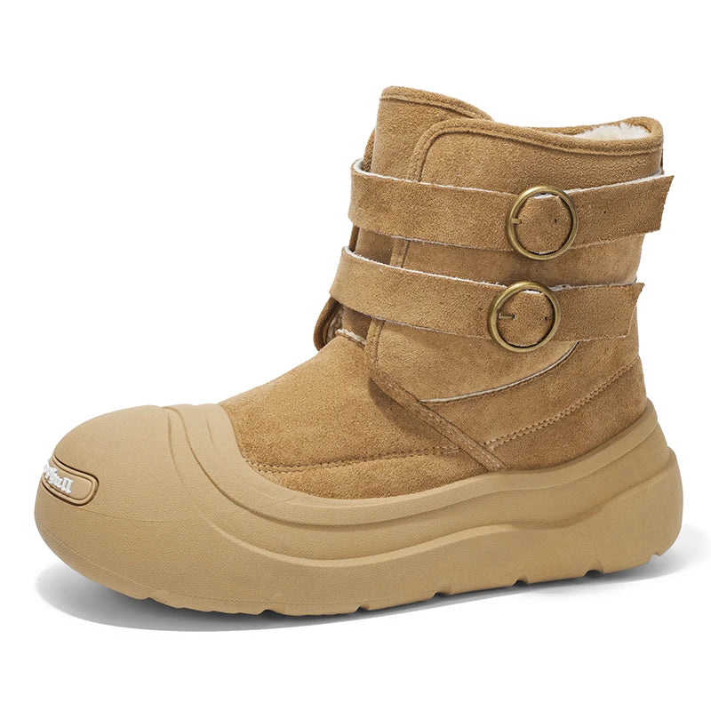 Men's Thick-Soled Snow Boots, Winter Fleece-Lined Warm Outdoor Anti-Slip Snow Boots, Double Buckle Ring Design, Motorcycle Style Short Boots, Trendy Versatile Casual Cotton Boots