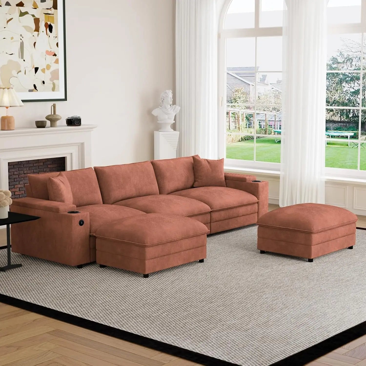 U-Shaped Sectional Sofa Ottoman Storage Armrest USB Ports Spring Cushion Solid Wood Chenille Living Room 115", Customized - Kimlud