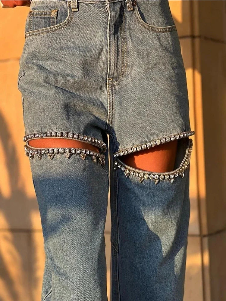 Chic Women Hollowed Out Diamonds Beaded Holes Jeans Rhinestones Straight Denim Pants Crystals Cowboy Trousers Loose Pantalones - Kimlud