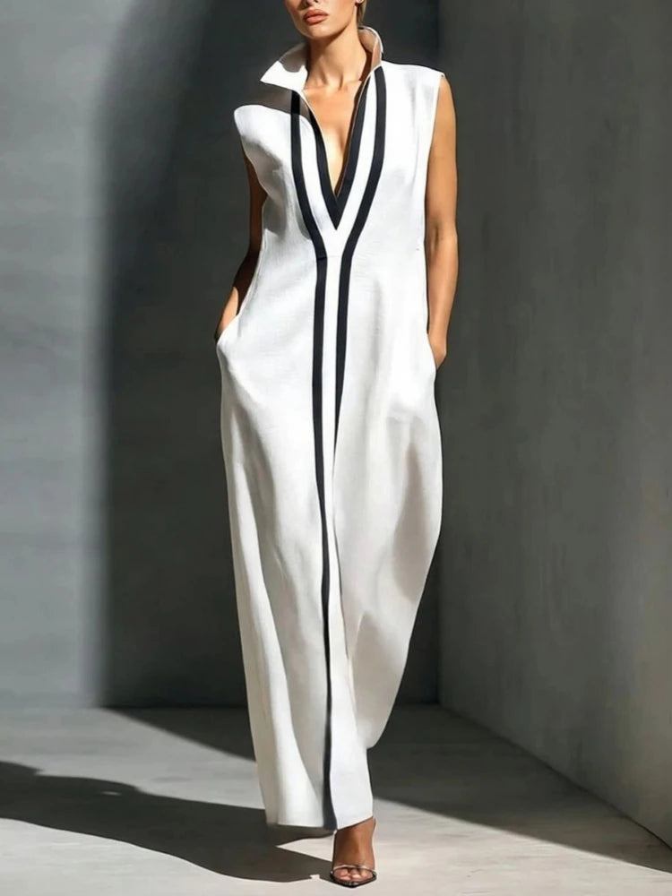 Fashion Colourblock Maxi Dress Women Casual Deep V-neck Sleeveless Loose Dresses 2026 Summer Elegant Party Street Vestidos - Kimlud