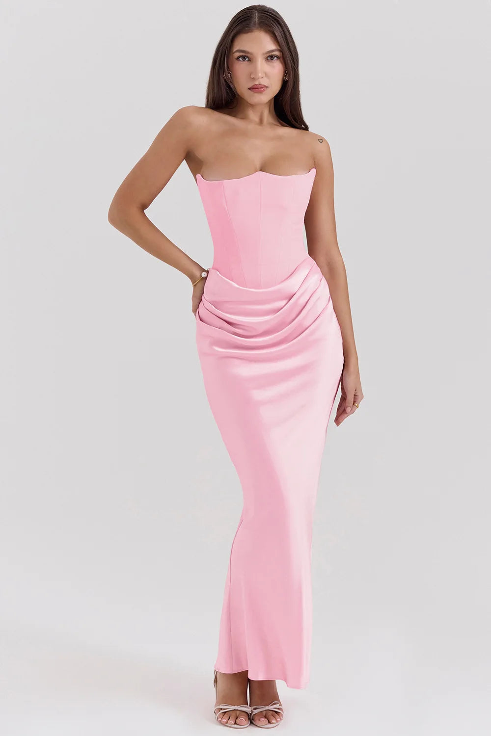 Elegant Pink Strapless Satin Patchwork Maxi Dress Women Sexy Sleeveless Ruched Bodycon Dresses Evening Cocktail Party Long Dress