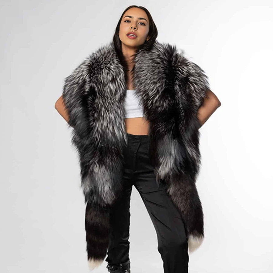 Real Silver Fox Fur Coat For Women Real Long Fox Fur Cape With Tails Real Fox Fur Shawl Best Selling Natural Fur Jacket