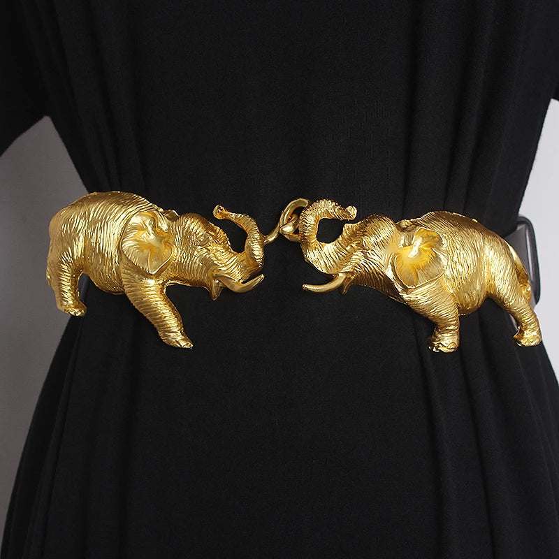 Fashion Real Leather Belts for Women Luxury Designer Female Waist Elastic Corset Belt Gold Heavy Elephant Metal Buckle