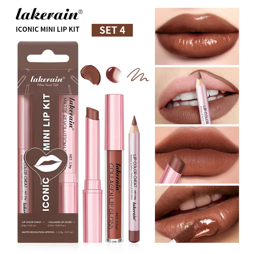 lakerain 3pcs mini matte lipstick+lip gloss+lip liner set precise outline three-dimensional lip plumping lipstick set