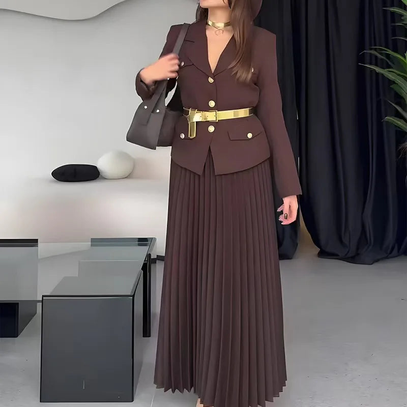 Elegant Women Two Pieces Set Single-breasted Lapel Jacket Coat Belt Pleated Midi Skirt Suit 2025 office Lady New In Matching Set
