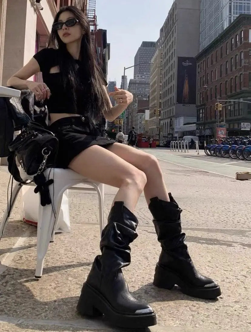 women heightened same thick-soled knight western cowboy 2026 temperament elastic stacking boots - Kimlud