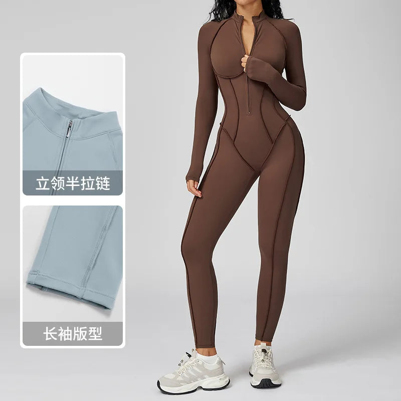Sexy Rompers Workout Zipper Jumpsuit Long Sleeve Sports Bodysuits Women Gym Running Fitness Suits One-piece Tracksuit Sportswear - Kimlud